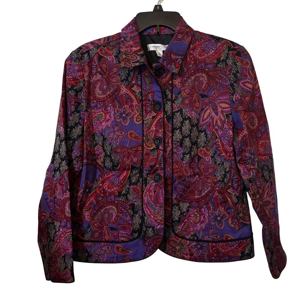 Coldwater Creek Women's Paisley Jacket Medium Petite Floral Purple‎ Red Black